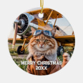 猫パイロット航空おもしろい写真クリスマス セラミックオーナメント (正面)