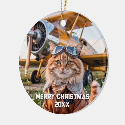 猫パイロット航空おもしろい写真クリスマス セラミックオーナメント (左)