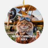 猫パイロット航空おもしろい写真クリスマス セラミックオーナメント (裏面)
