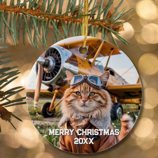 猫パイロット航空おもしろい写真クリスマス セラミックオーナメント