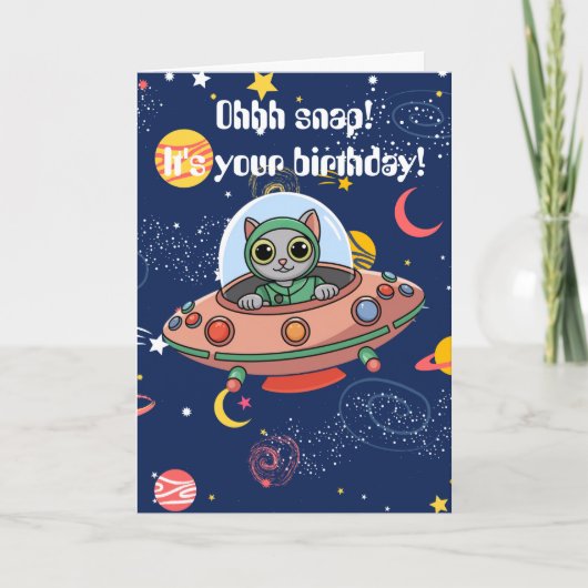 猫パイロット & UFO, かっこいい宇宙, 面白い誕生日 カード (正面)