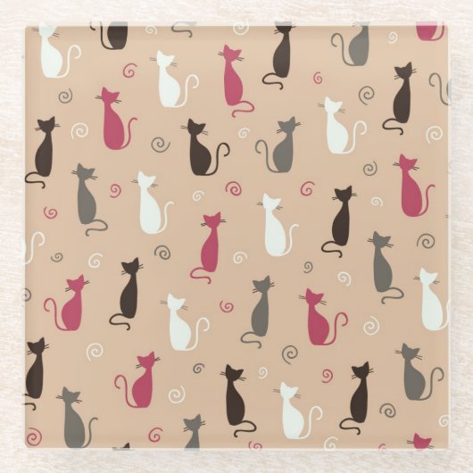 猫パターンピンク ガラスコースター (正面)