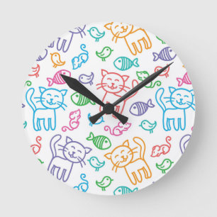 猫パターン ラウンド壁時計