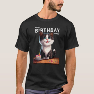 猫パパと母誕生日プレゼントケーキとキャンドルC Tシャツ