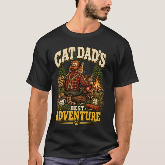 猫パパのキャンプ冒険、屋外ハイキングフェリネ Tシャツ (正面)