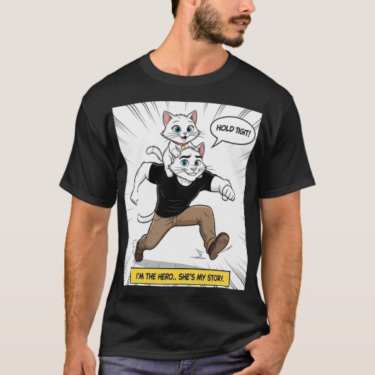 猫パパヒーローTシャツ - "僕がヒーローで、彼女が Tシャツ (正面)