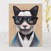 猫パパ誕生日サングラスクール誕生日カード カード (黄色い花)