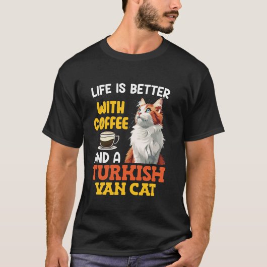 猫パパ コーヒーとトルコバンで人生もっと楽しく Tシャツ (正面)
