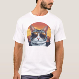 猫パパ サングラス 夕焼け レトロ 毛むくじゃら お父さん パパ Tシャツ