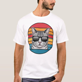 猫パパ サングラス 夕焼け レトロ 毛むくじゃら お父さん パパ Tシャツ