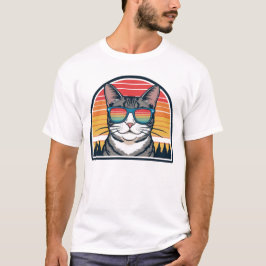 猫パパ サングラス 夕焼け レトロ 毛深い父 パパ Tシャツ