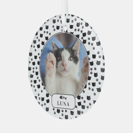 猫パーソナライズされたとパワプリントのペット写真 ガラスオーナメント (正面左)