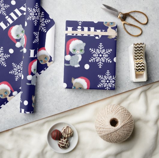 猫パーソナライズされたの名前クリスマス ラッピングペーパー (クラフト)