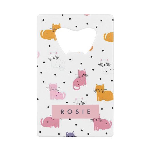 猫パーソナライズされたよくはしゃぐの水玉模様 クレジットカード栓抜き (正面)