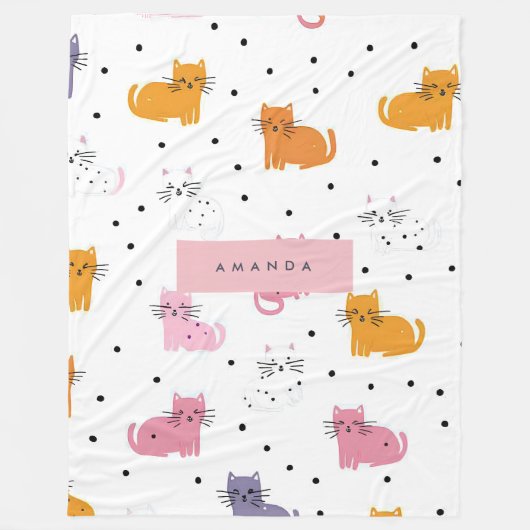 猫パーソナライズされたよくはしゃぐの水玉模様 フリースブランケット (正面)