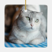 猫パーソナライズされたフォトコラージュかわいい青のクリスマス セラミックオーナメント (裏面)