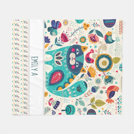 猫パーソナライズされたフォーク美術装飾鳥花 フリースブランケット (正面(横))