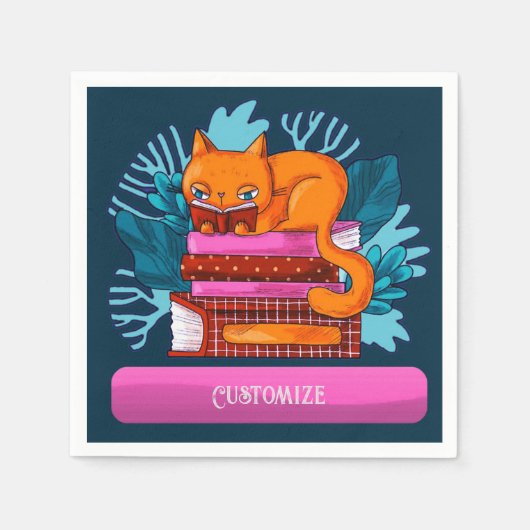 猫パーソナライズされた承認図書ティール（緑がかった色） スタンダードカクテルナプキン (正面)