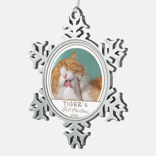猫パーソナライズされた第1回クリスマスペット写真 スノーフレークピューターオーナメント (右)