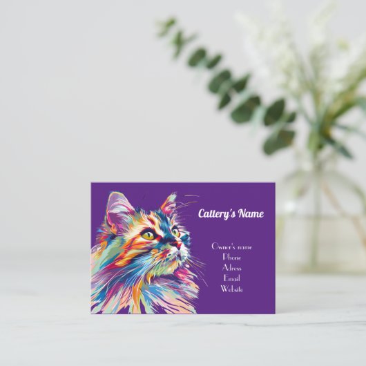 猫パーソナライズされた類用紫名刺 名刺 (スタンド正面)