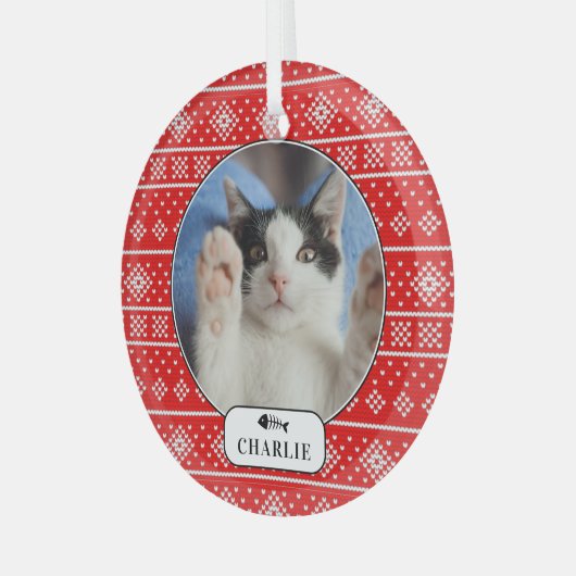 猫パーソナライズされた魚の赤い雪片ペット写真 ガラスオーナメント (正面左)