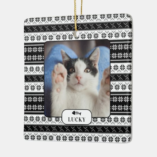 猫パーソナライズされた黒編み模様ペット写真 セラミックオーナメント (左)