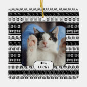 猫パーソナライズされた黒編み模様ペット写真 セラミックオーナメント (正面)