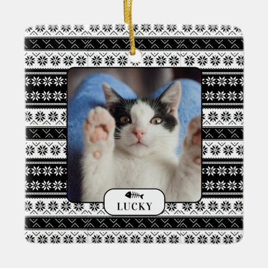 猫パーソナライズされた黒編み模様ペット写真 セラミックオーナメント (正面)