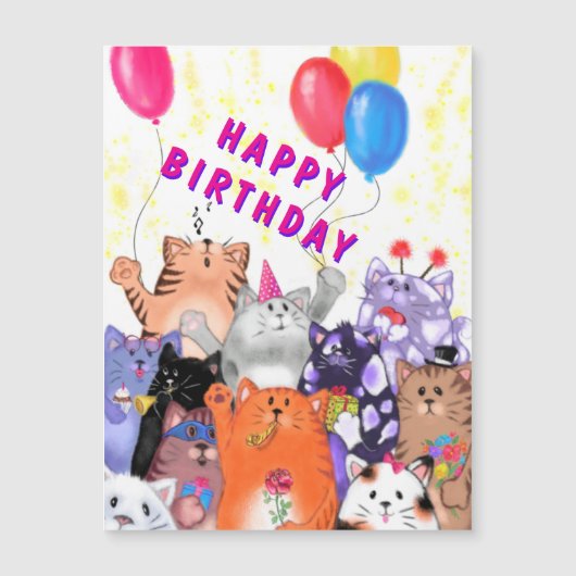 猫パーティーのマグネット誕生日カード (正面)