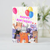 猫パーティーの誕生日おめでとう 楽しいバースデーカード (スタンド正面)