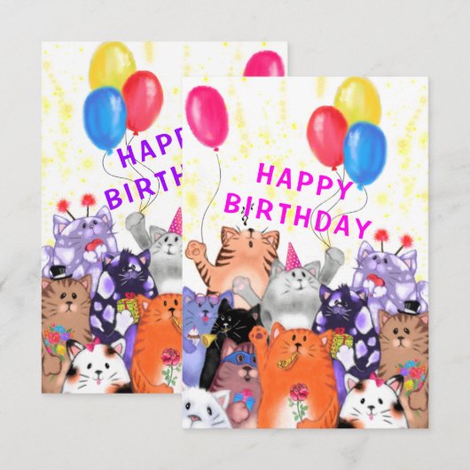 猫パーティーの誕生日おめでとう 楽しいバースデーカード (正面/裏面)