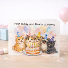 猫パーティーの4歳の誕生日カード 女の子にぴったり