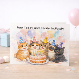 猫パーティーの4歳の誕生日カード 女の子にぴったり ポストカード