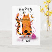 猫パーティータイムジンジャーモギー編み物 カード (黄色い花)