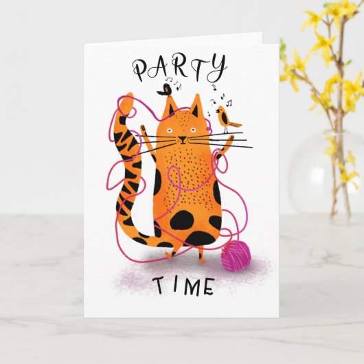 猫パーティータイムジンジャーモギー編み物 カード (黄色い花)