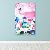 猫パーティーハウスグリッターアートピンクウォーター色 キャンバスプリント (インサイチュ (ウッドフロア))