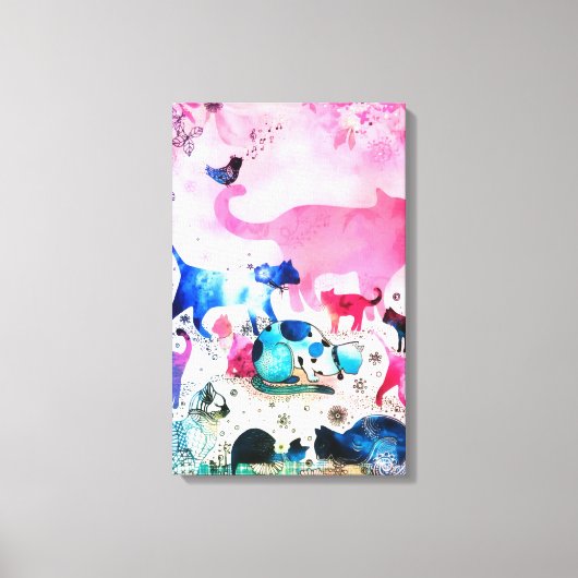 猫パーティーハウスグリッターアートピンクウォーター色 キャンバスプリント (正面)