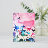 猫パーティーハウスグリッターアートピンクウォーター色 シーズンポストカード (スタンド正面)