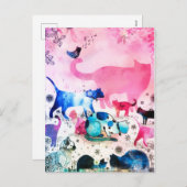 猫パーティーハウスグリッターアートピンクウォーター色 シーズンポストカード (正面/裏面)