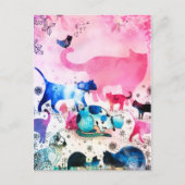 猫パーティーハウスグリッターアートピンクウォーター色 シーズンポストカード (正面)