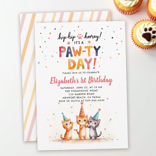 猫パーティーハット 遊び心あふれる子猫 1歳の誕生日 招待状