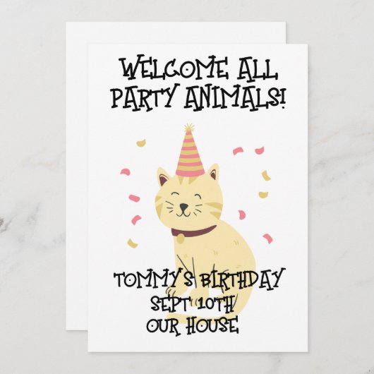 猫パーティー動物誕生日キッズパーティの招待状 招待状 (正面/裏面)
