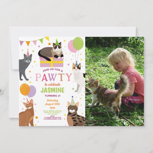 猫パーティー誕生会ガールズおもしろい 招待状 (正面)
