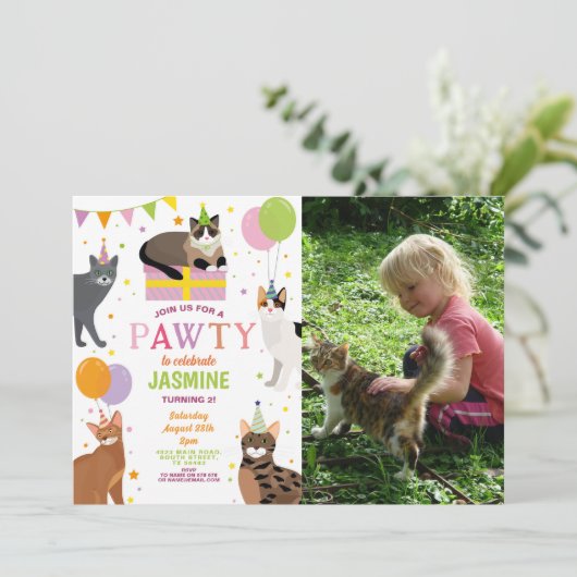 猫パーティー誕生会ガールズおもしろい 招待状 (スタンド正面)