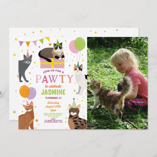 猫パーティー誕生会ガールズおもしろい 招待状 (正面/裏面)