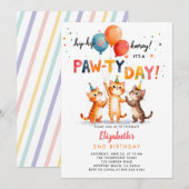 猫パーティー 遊び心あふれる子猫 風船 誕生日 招待状 (正面/裏面)