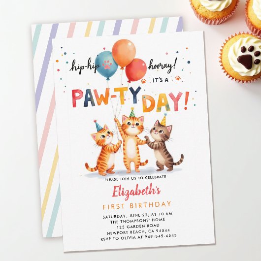 猫パーティー 遊び心あふれる子猫 風船 1歳の誕生日 招待状