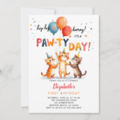 猫パーティー 遊び心あふれる子猫 風船 1歳の誕生日 招待状 (正面)