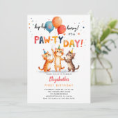 猫パーティー 遊び心あふれる子猫 風船 1歳の誕生日 招待状 (スタンド正面)