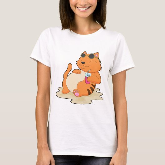 猫ビーチ飲料サマー Tシャツ (正面)